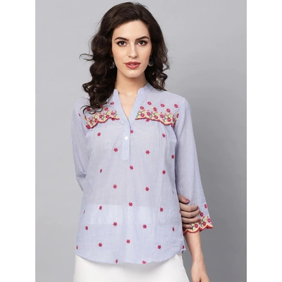 Bhama Couture Women Blue & White Striped Shirt Style Top