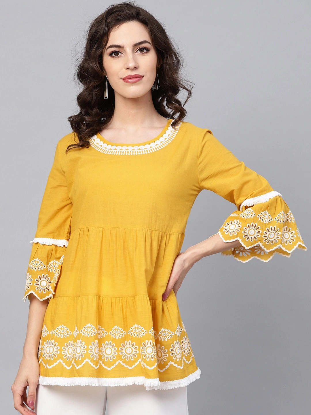 Bhama Couture Women Mustard Yellow &amp; White Solid Tiered Top-NANC062_L