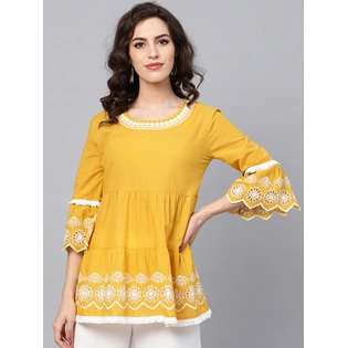 Bhama Couture Women Mustard Yellow & White Solid Tiered Top