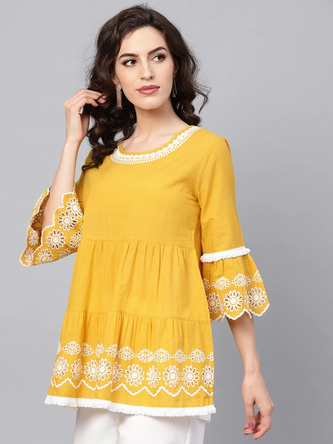 Bhama Couture Women Mustard Yellow &amp; White Solid Tiered Top-L-1