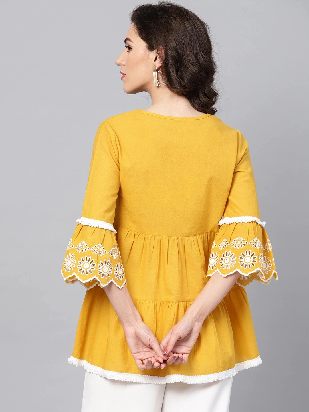 Bhama Couture Women Mustard Yellow &amp; White Solid Tiered Top-L-2