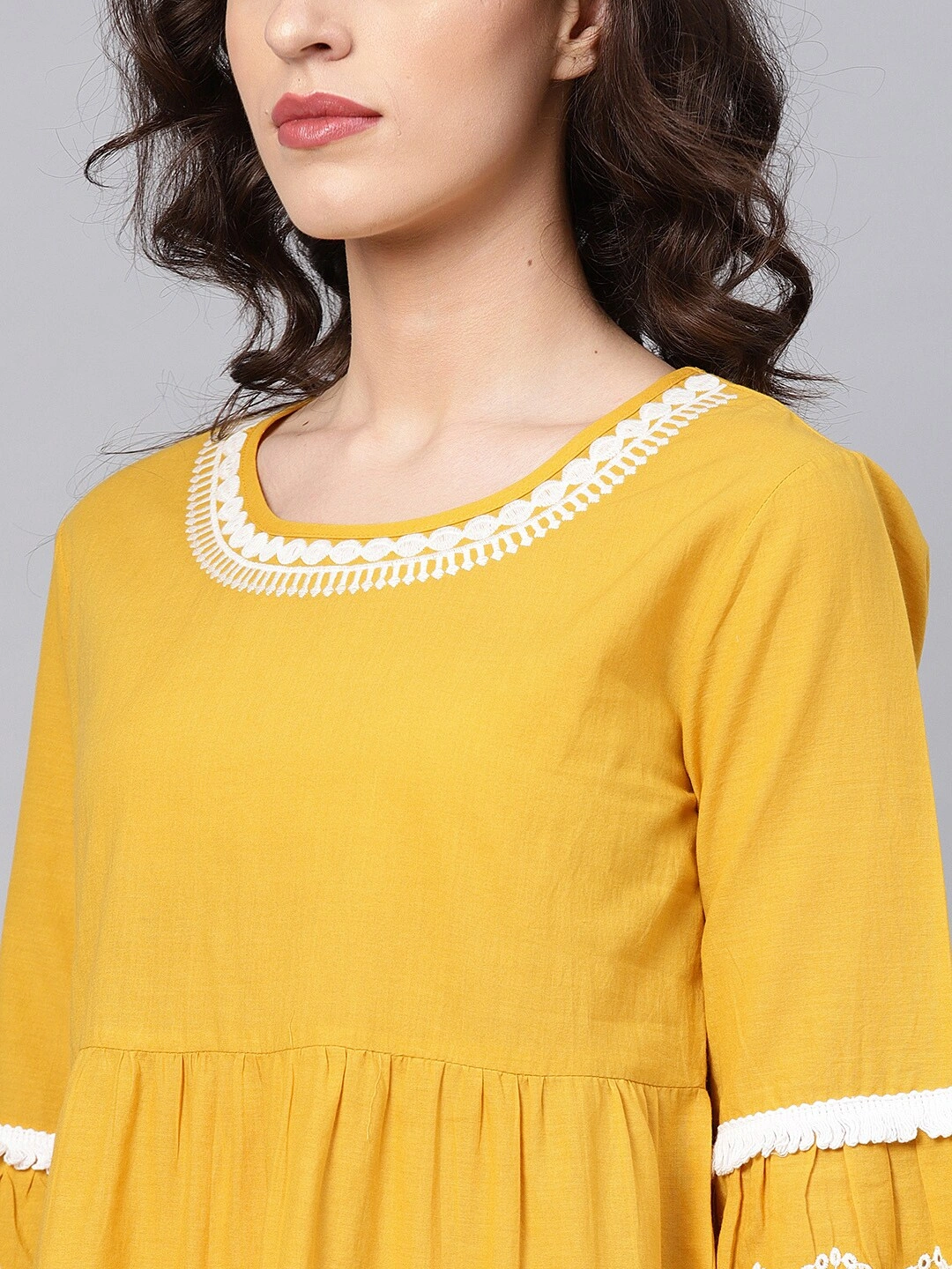 Bhama Couture Women Mustard Yellow &amp; White Solid Tiered Top-L-3