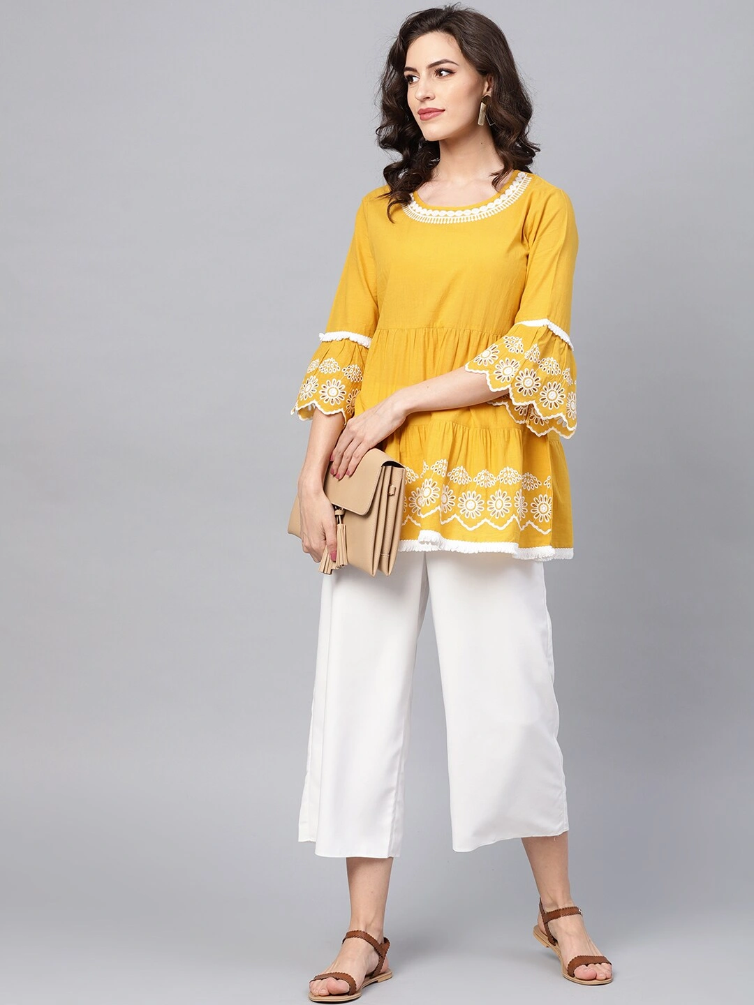 Bhama Couture Women Mustard Yellow &amp; White Solid Tiered Top-L-4