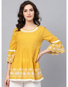 Bhama Couture Women Mustard Yellow & White Solid Tiered Top
