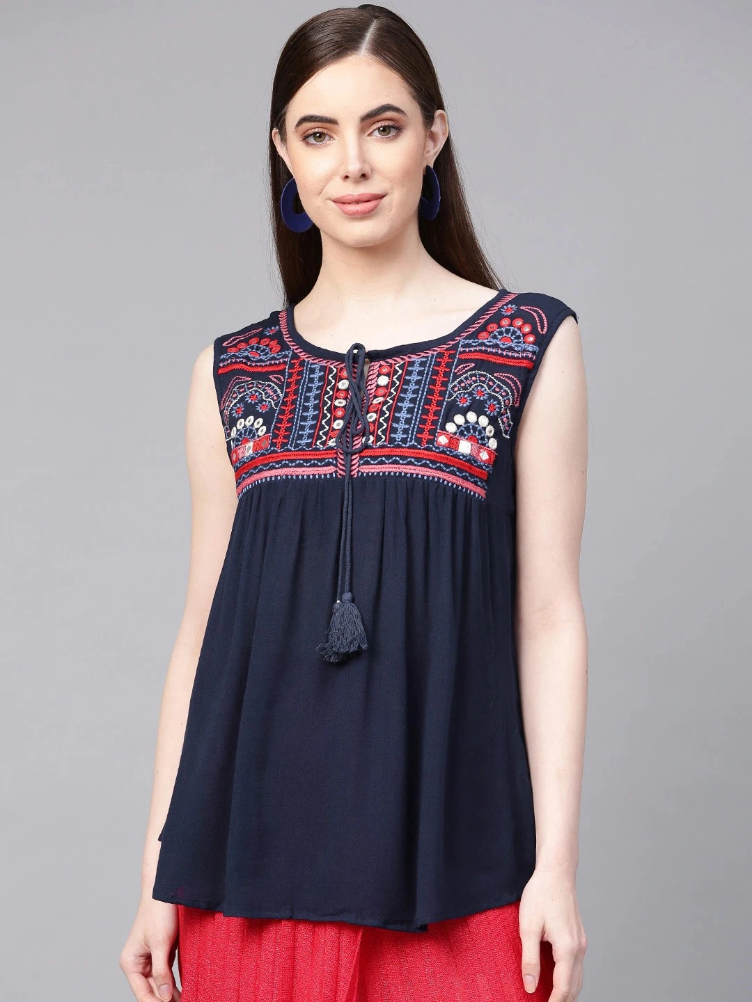 Bhama Couture Women Navy Blue Embroidered Detail Solid A-Line Top-NANC064_L