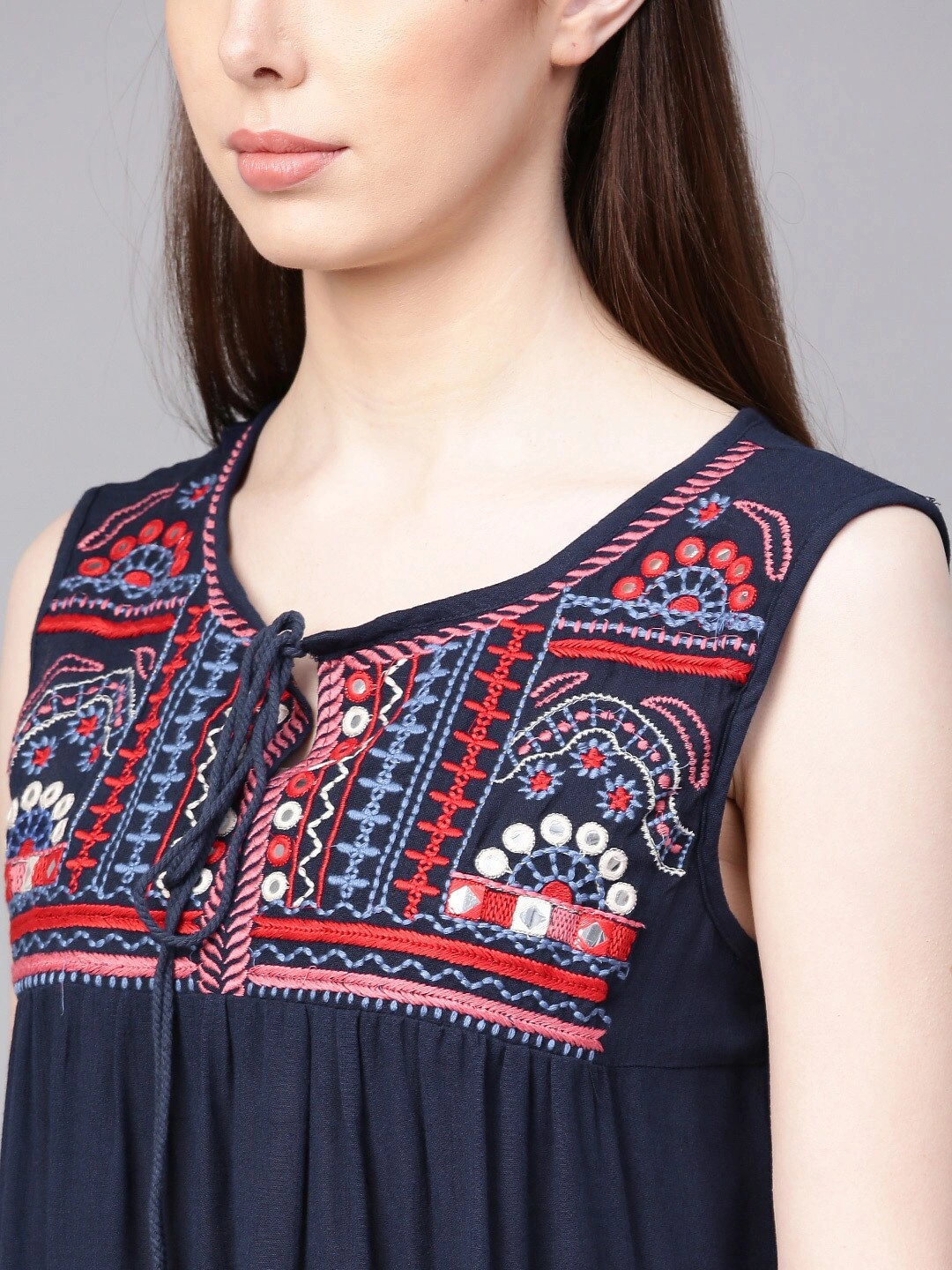 Bhama Couture Women Navy Blue Embroidered Detail Solid A-Line Top-L-3