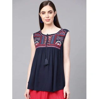 Bhama Couture Women Navy Blue Embroidered Detail Solid A-Line Top