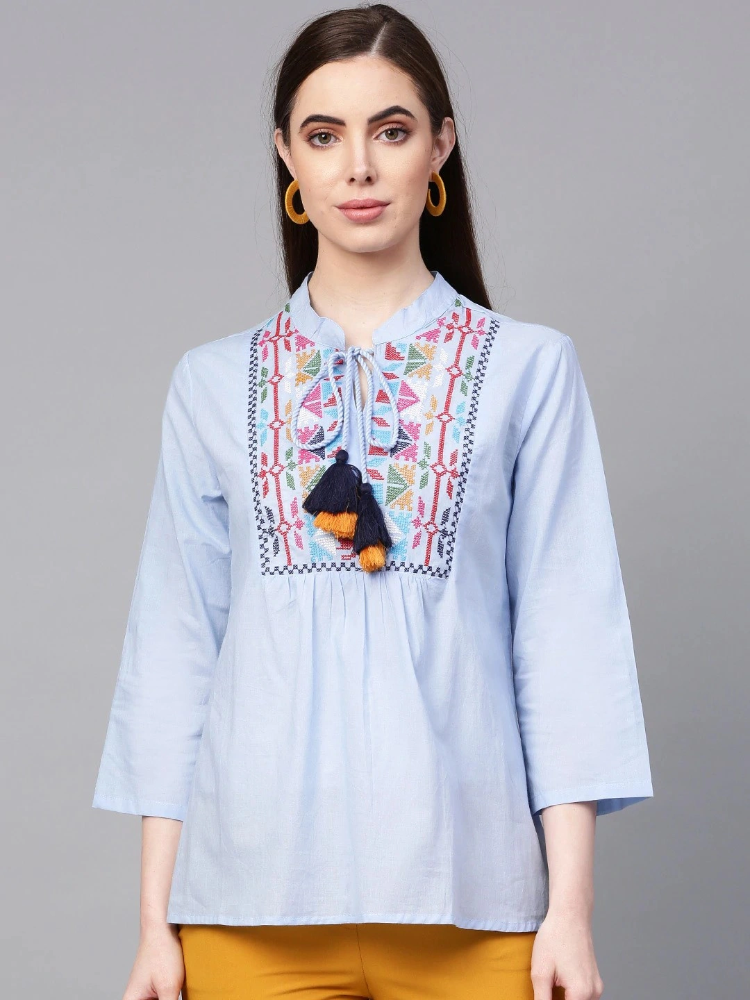 Bhama Couture Women Blue Embroidered Cotton A-Line Top-NANC065_L