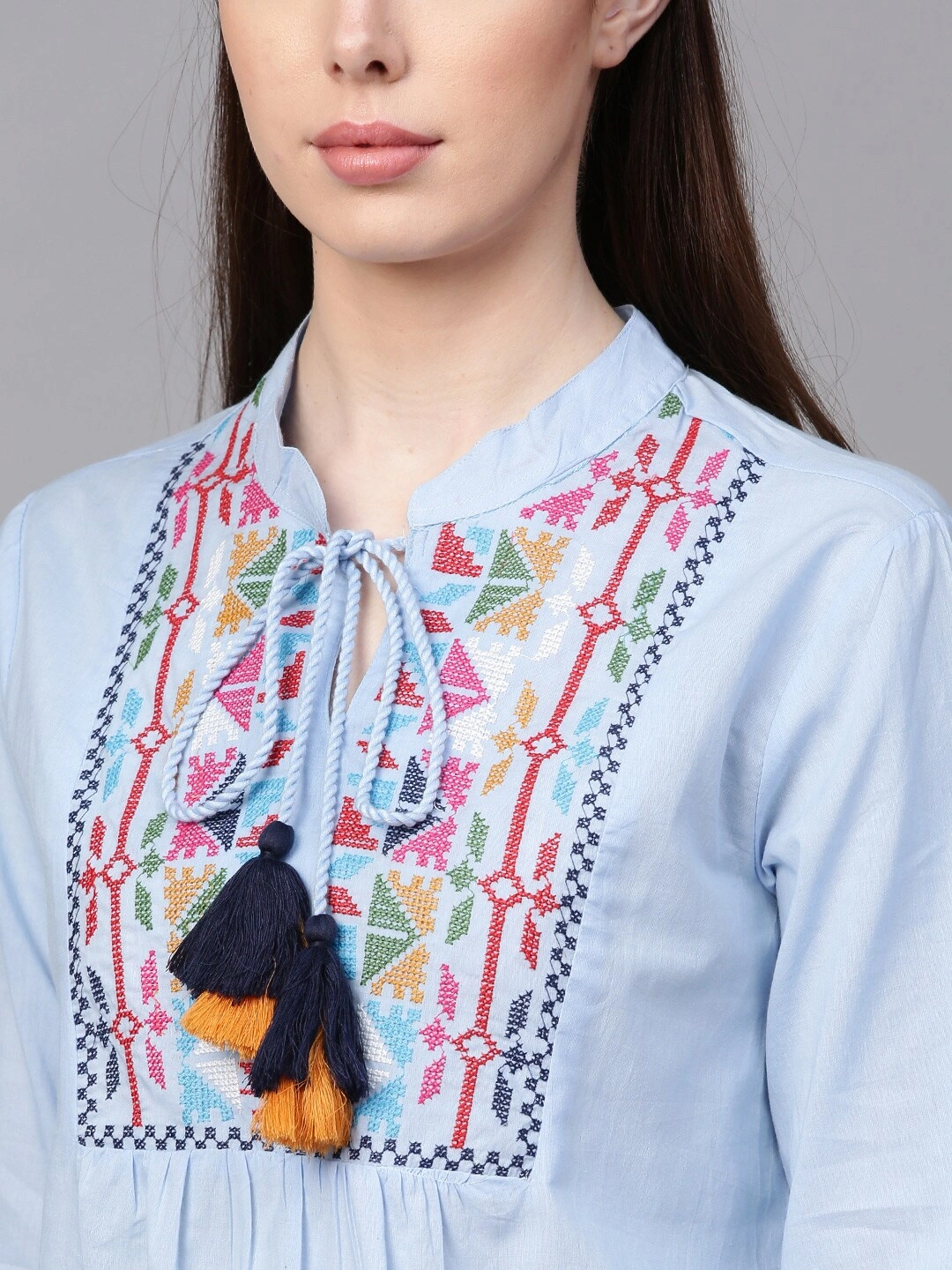 Bhama Couture Women Blue Embroidered Cotton A-Line Top-M-3