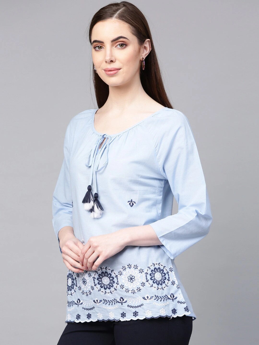 Bhama Couture Women Blue Embroidered Top-S-1