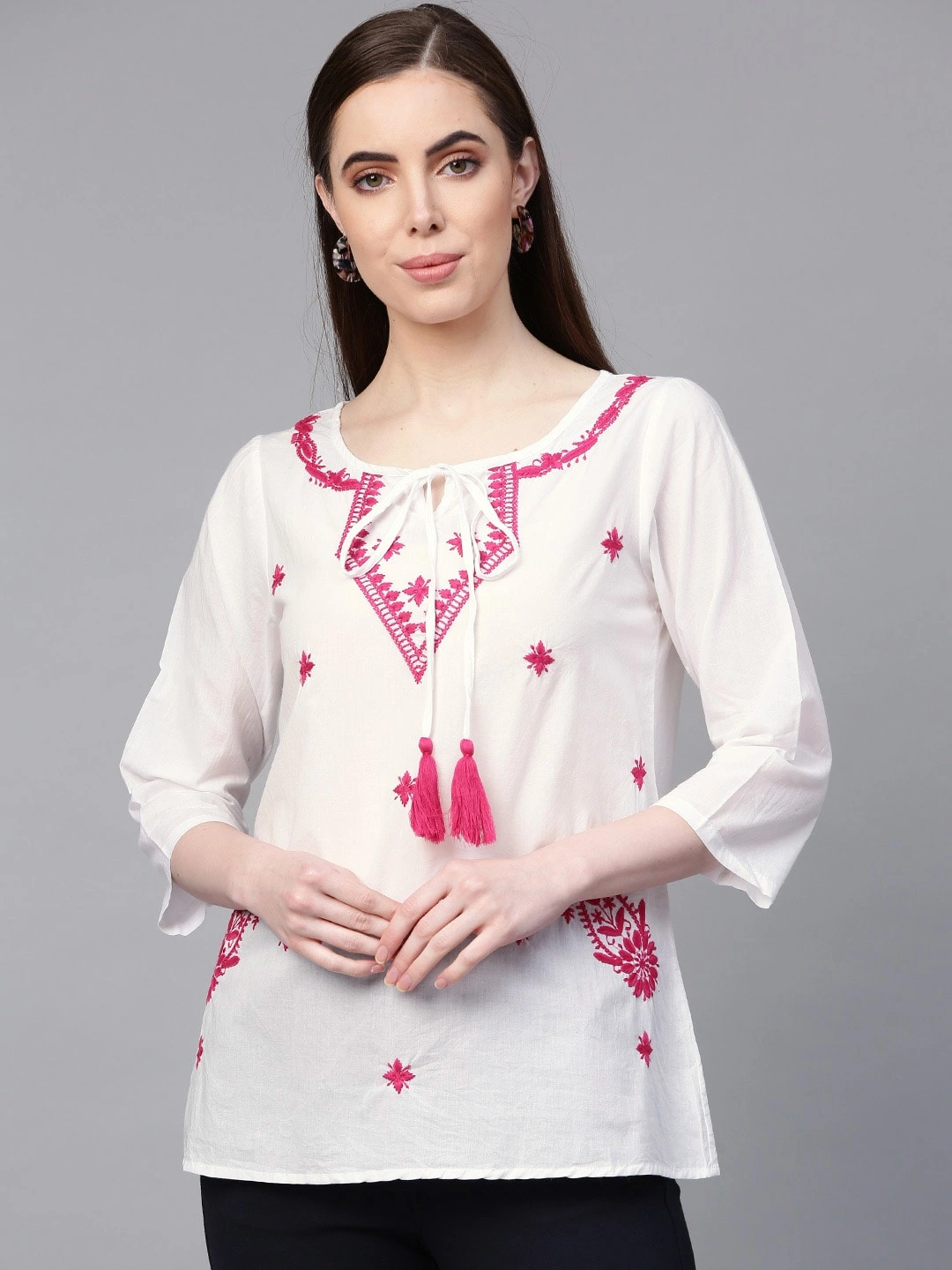 Bhama Couture Women White &amp; Pink Embroidered Top-NANC070_L