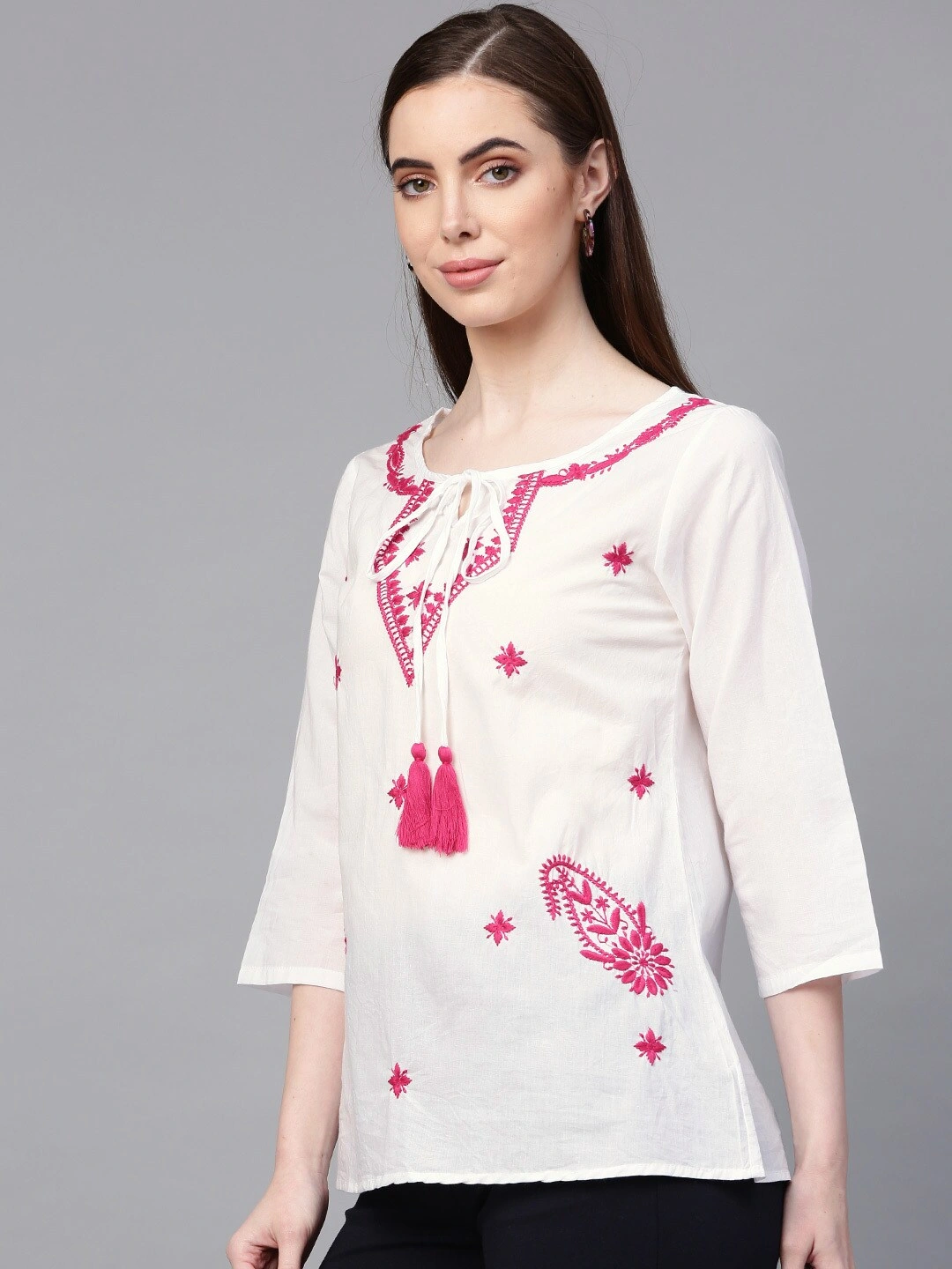 Bhama Couture Women White &amp; Pink Embroidered Top-L-1