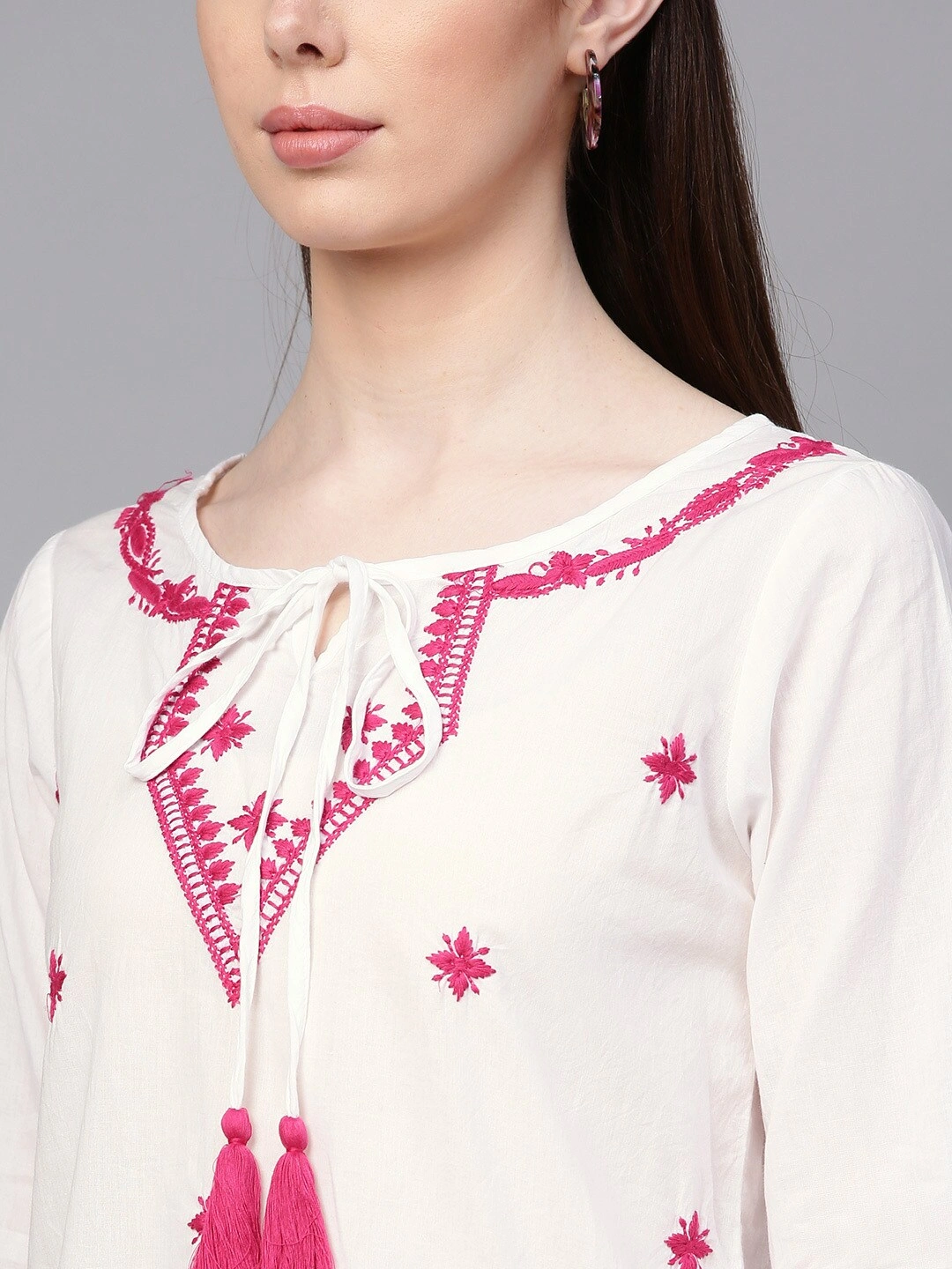 Bhama Couture Women White &amp; Pink Embroidered Top-L-3