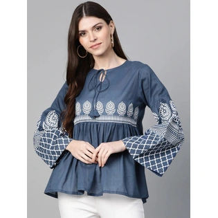 Bhama Couture Women Navy Blue Printed Bell Sleeves A-Line Top