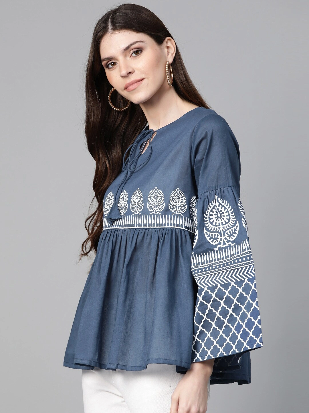 Bhama Couture Women Navy Blue Printed Bell Sleeves A-Line Top-L-1