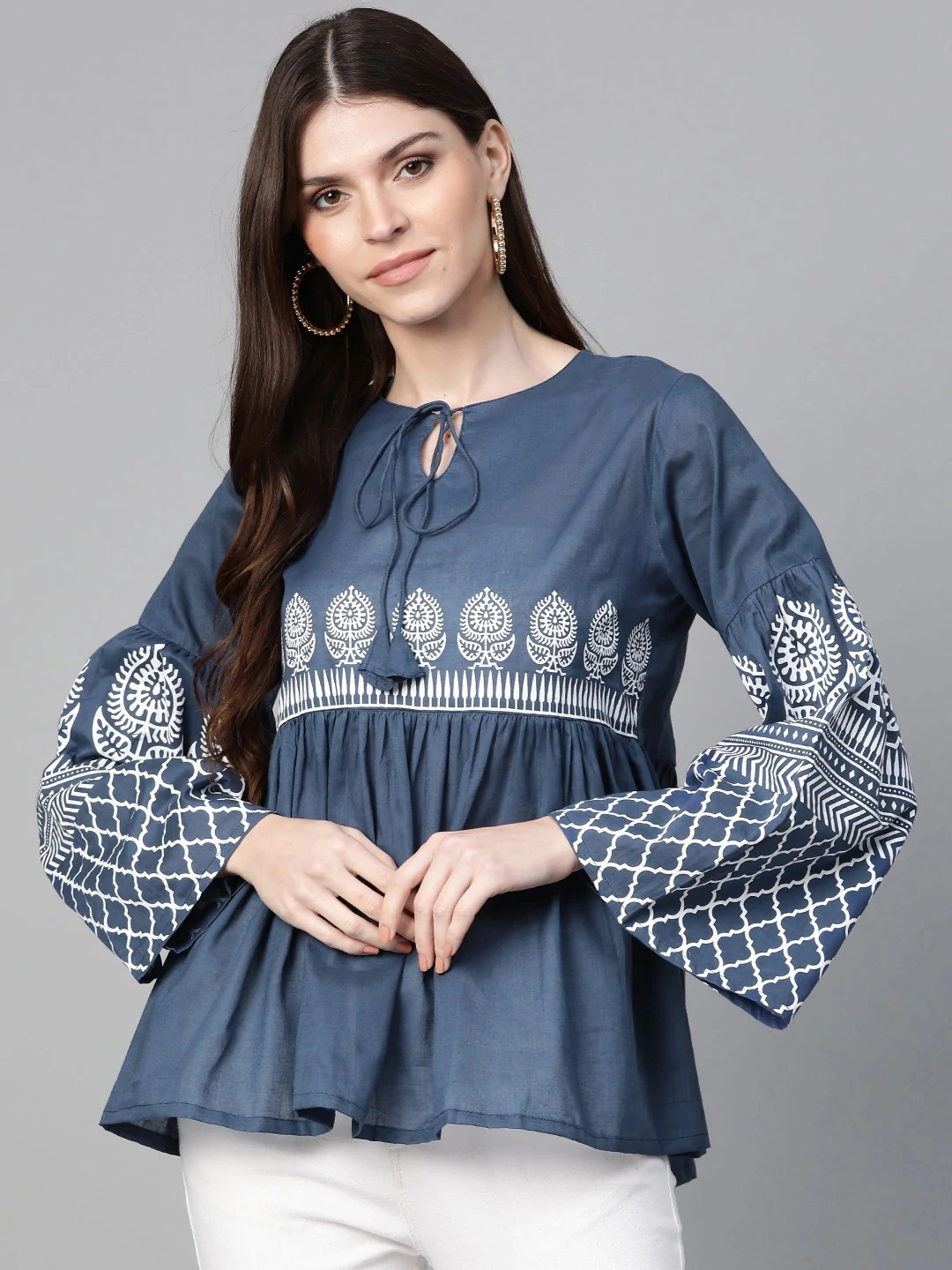 Bhama Couture Women Navy Blue Printed Bell Sleeves A-Line Top-SRPTOP001_M