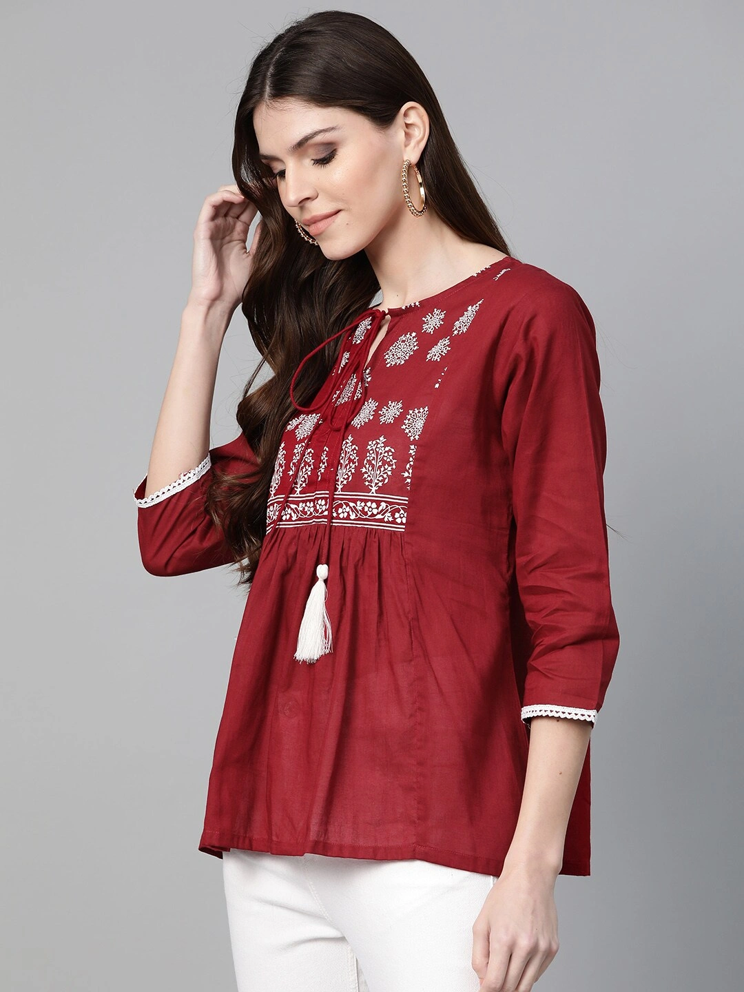 Bhama Couture Women Maroon Printed A-Line Top-L-1