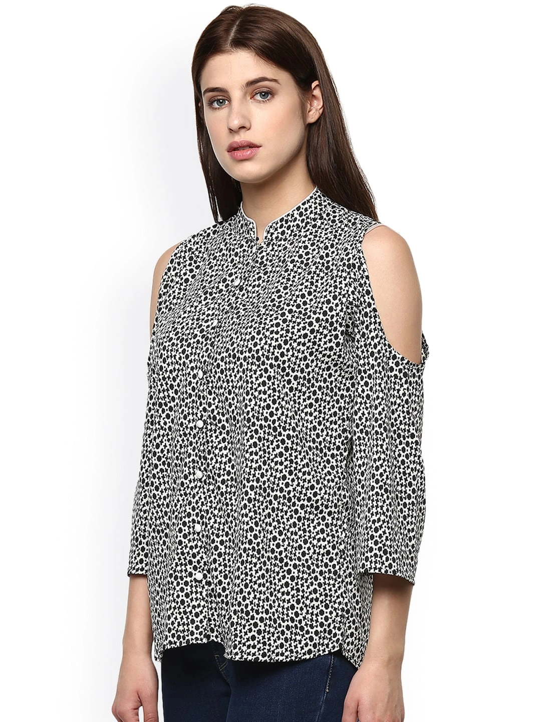 Bhama Couture Women White &amp; Black Printed Shirt Style Top-L-1