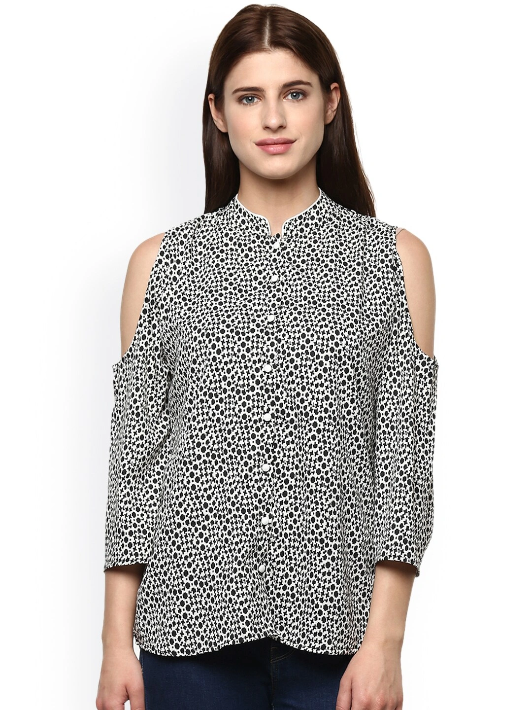 Bhama Couture Women White &amp; Black Printed Shirt Style Top-TOP006_M