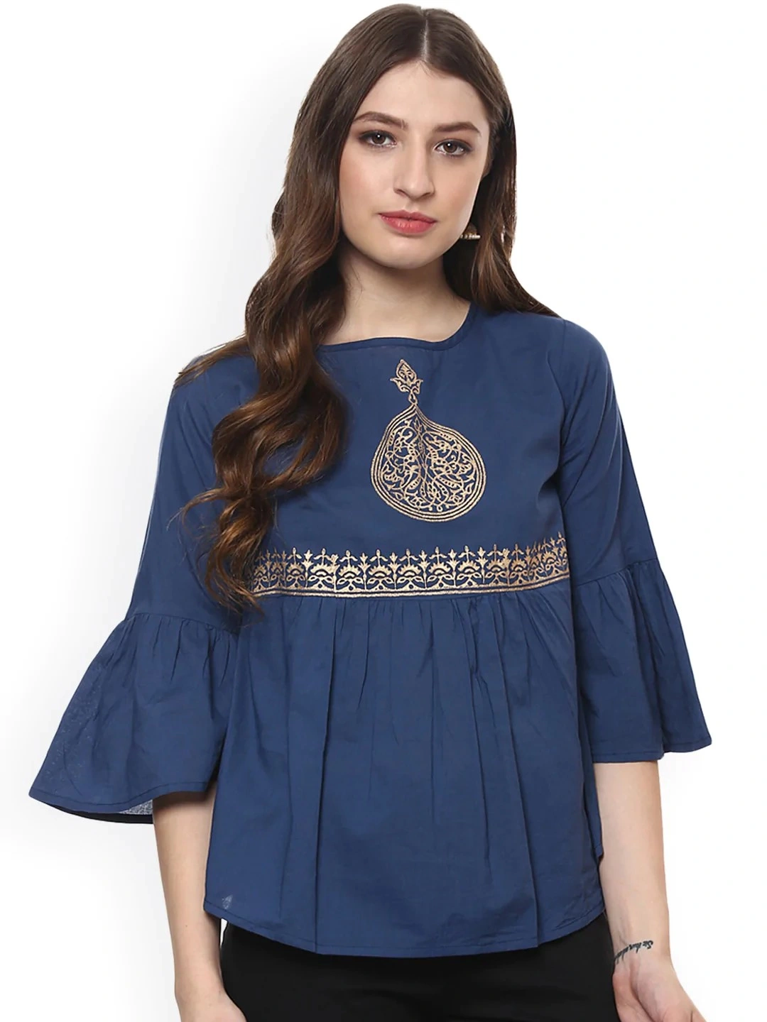 Bhama Couture Women Blue Printed A-Line Top-TOP009_M