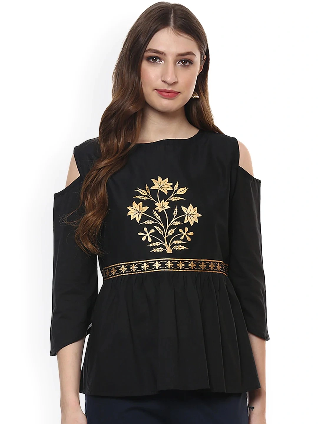 Bhama Couture Women Black Printed Top-TOP012_M