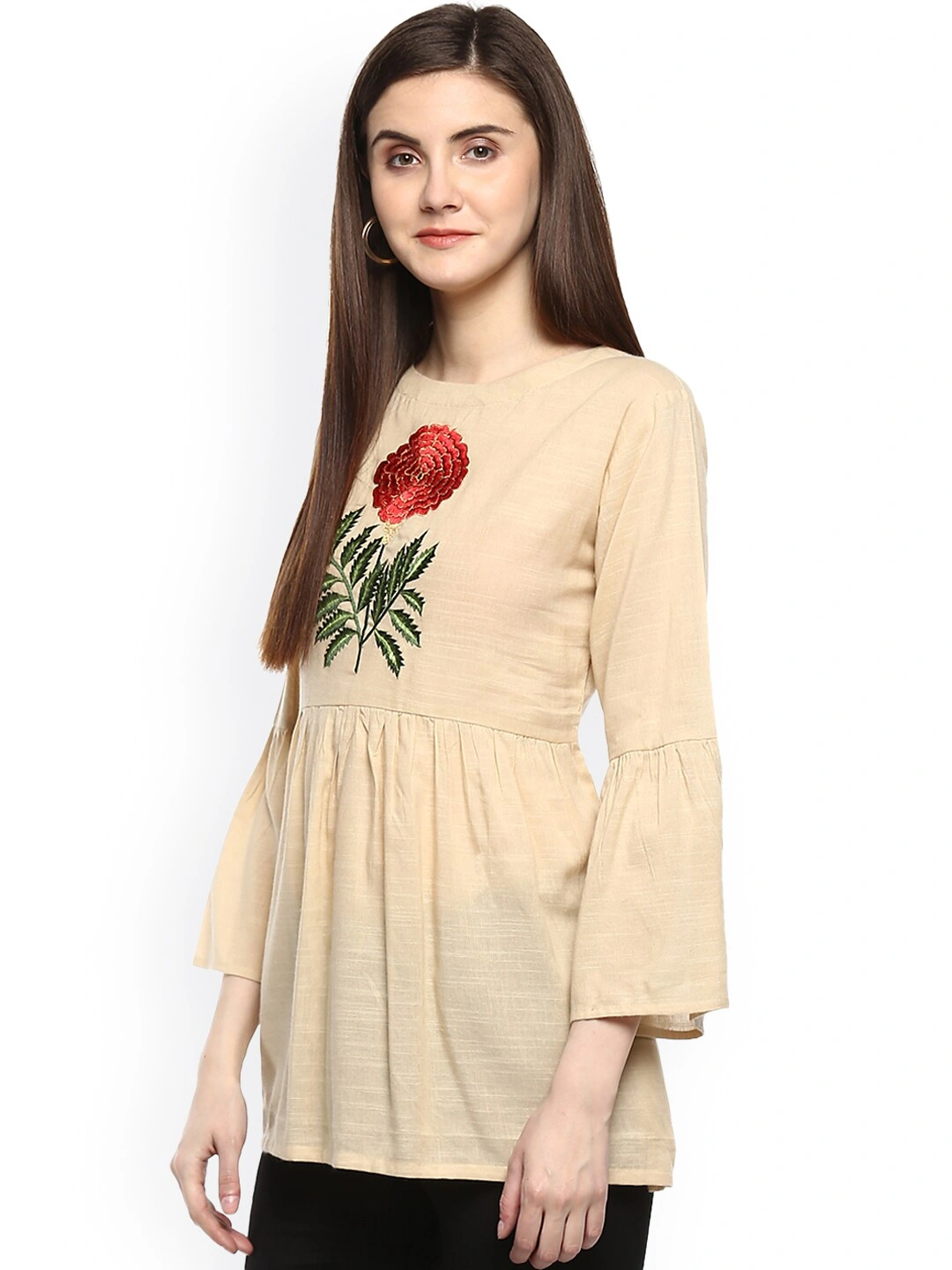 Bhama Couture Women Beige Longline Solid A-Line Top-S-1