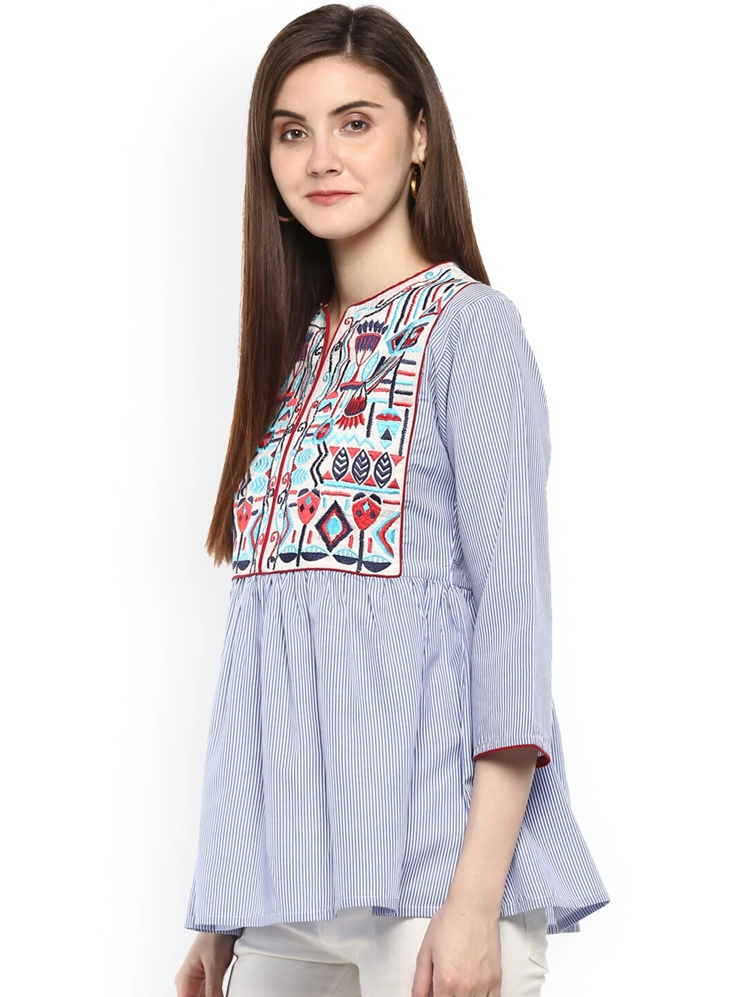 Bhama Couture Women Blue Striped A-Line Top-S-1