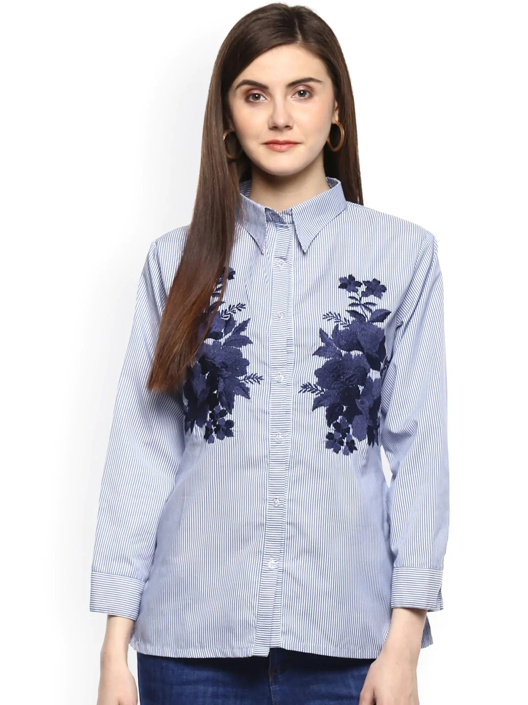 Bhama Couture Women Blue Striped Shirt Style Top-TOP027_M