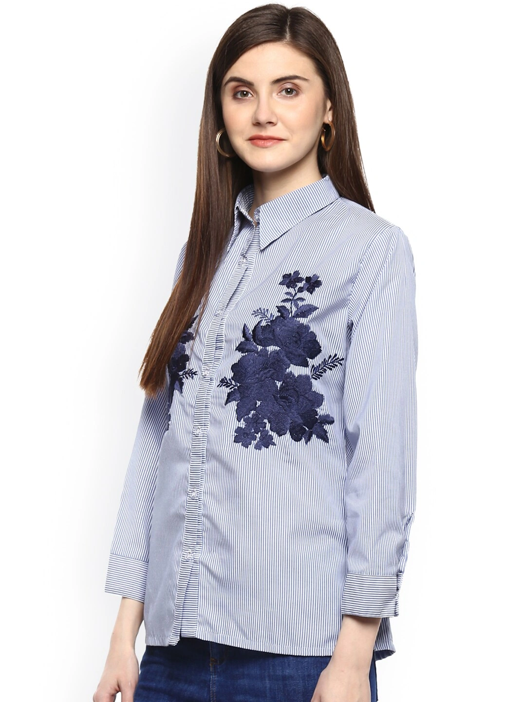 Bhama Couture Women Blue Striped Shirt Style Top-S-1