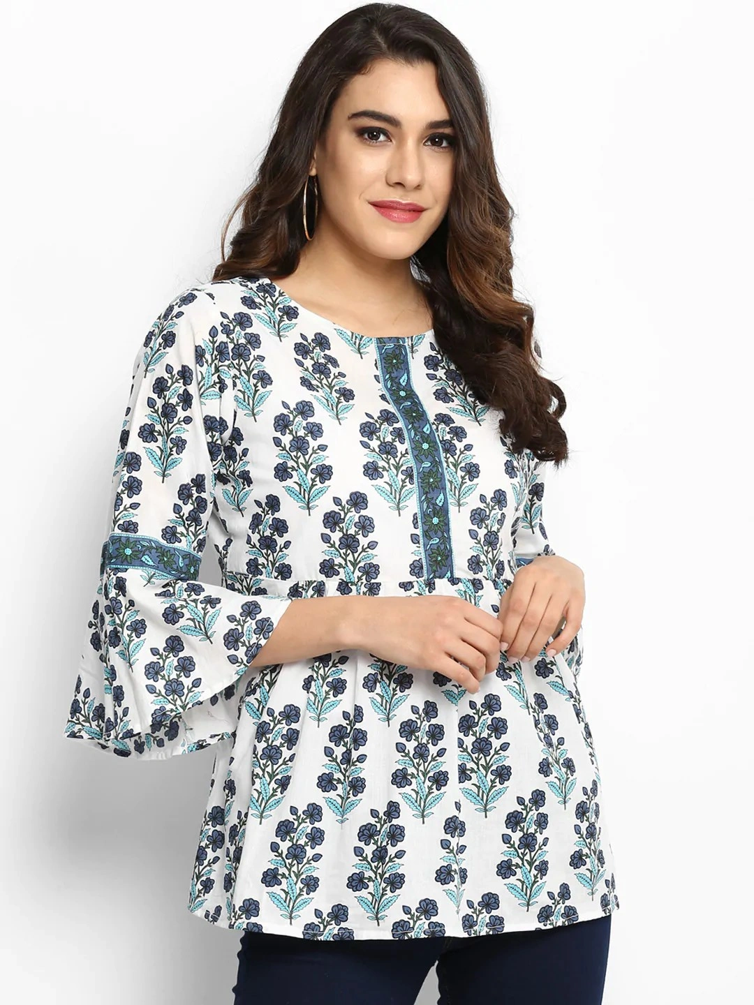 Bhama Couture Women Off-White &amp; Blue Printed Top-TOP030_L