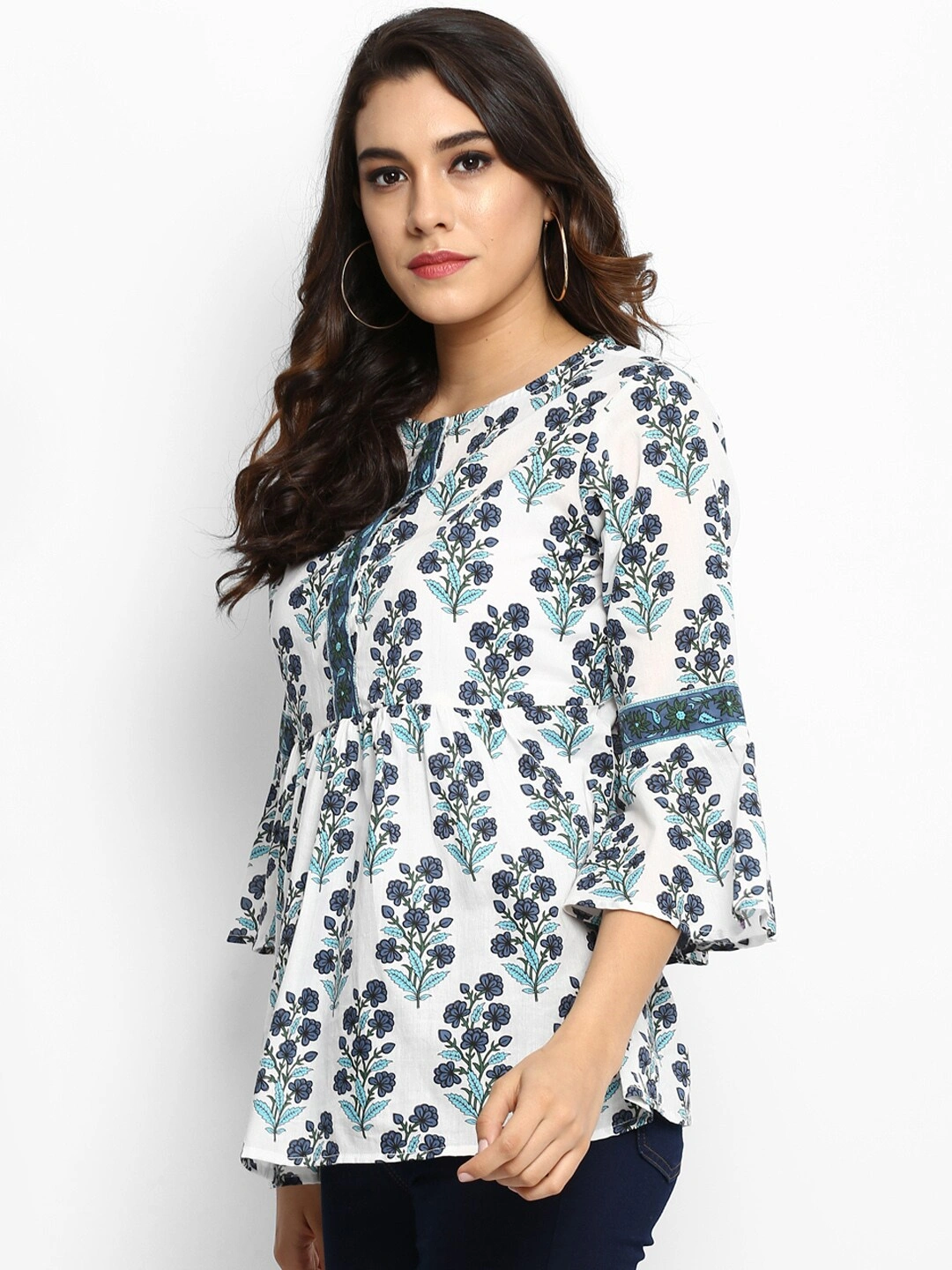 Bhama Couture Women Off-White &amp; Blue Printed Top-L-1