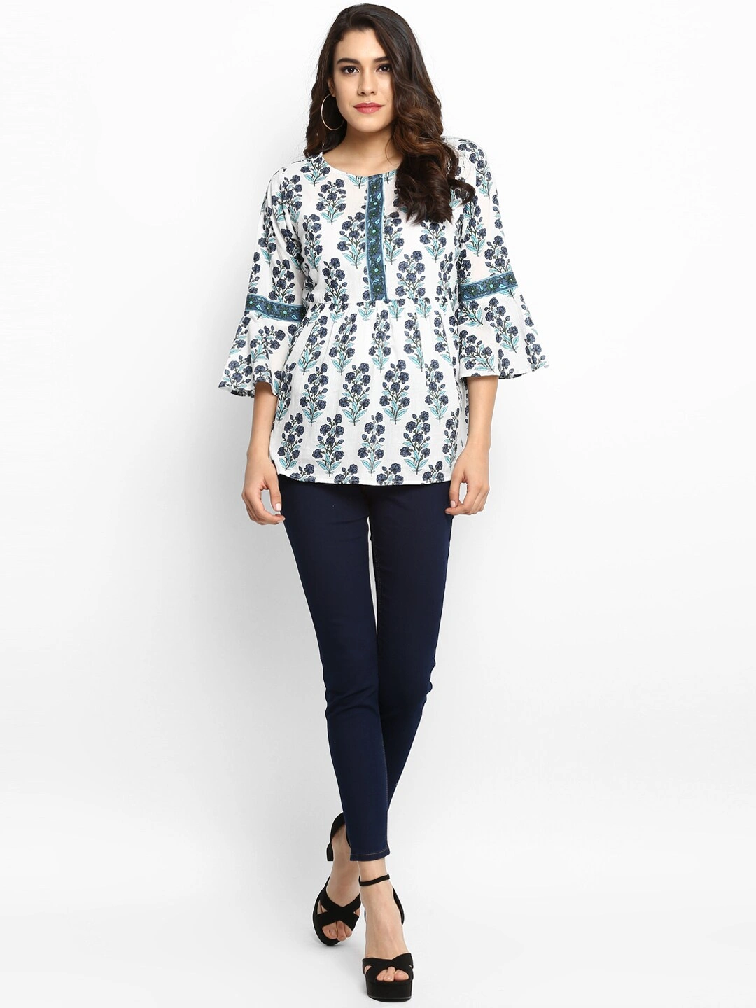 Bhama Couture Women Off-White &amp; Blue Printed Top-L-4