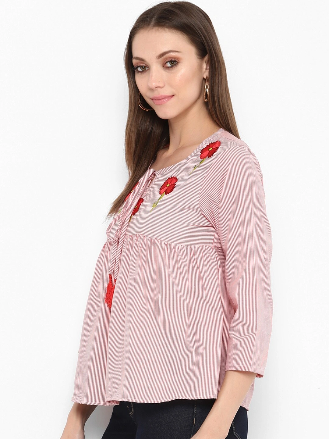 Bhama Couture Women Pink Striped Boxy Top-M-1