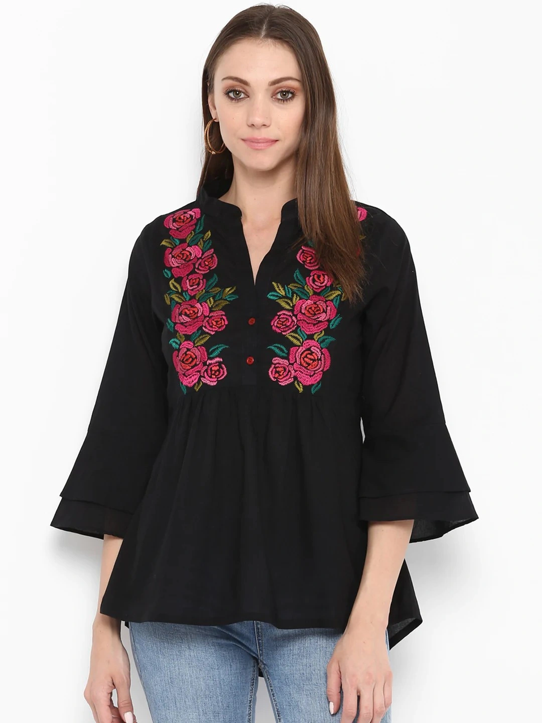 Bhama Couture Women Black Floral Printed Top-TOP044_L