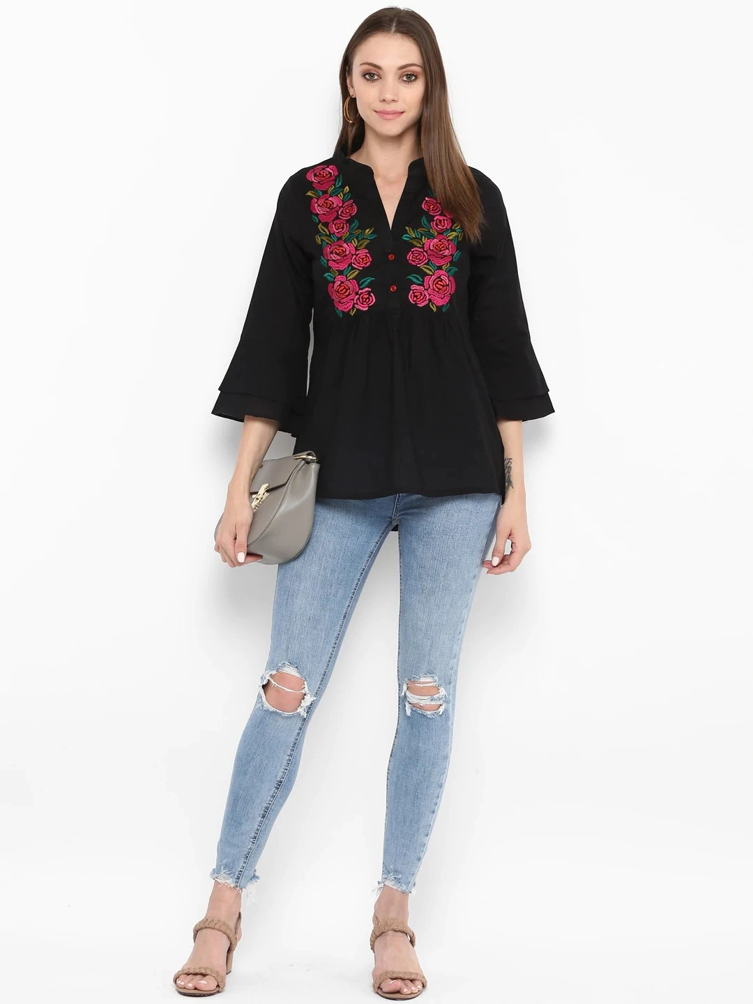 Bhama Couture Women Black Floral Printed Top-L-4