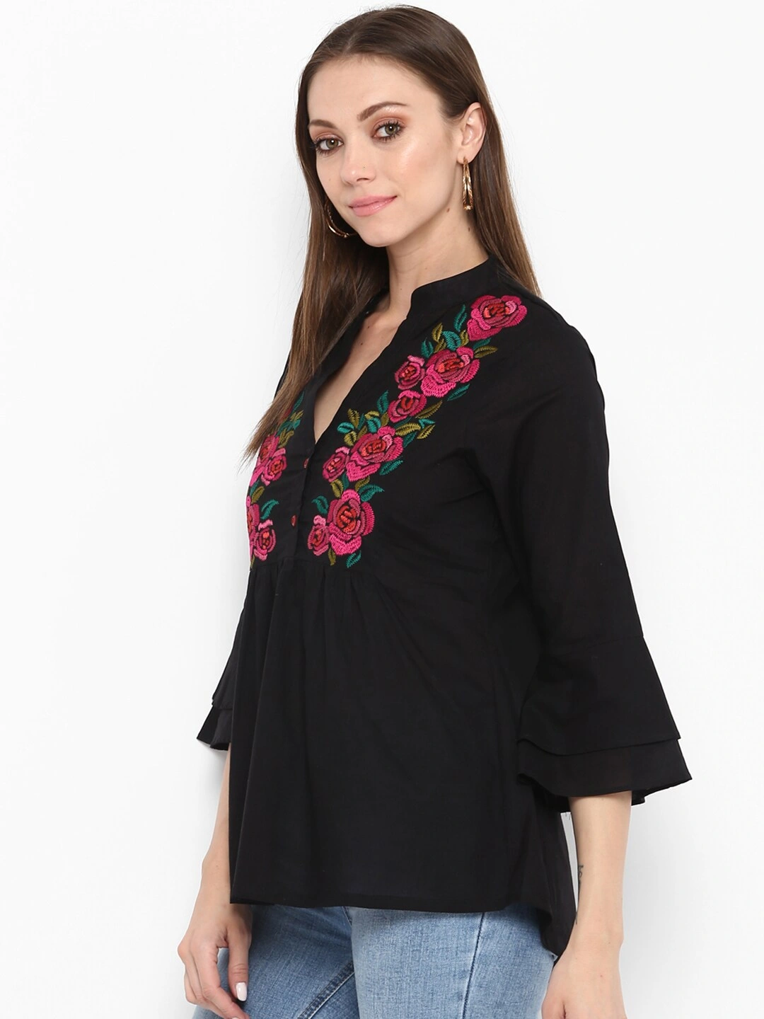 Bhama Couture Women Black Floral Printed Top-XL-1