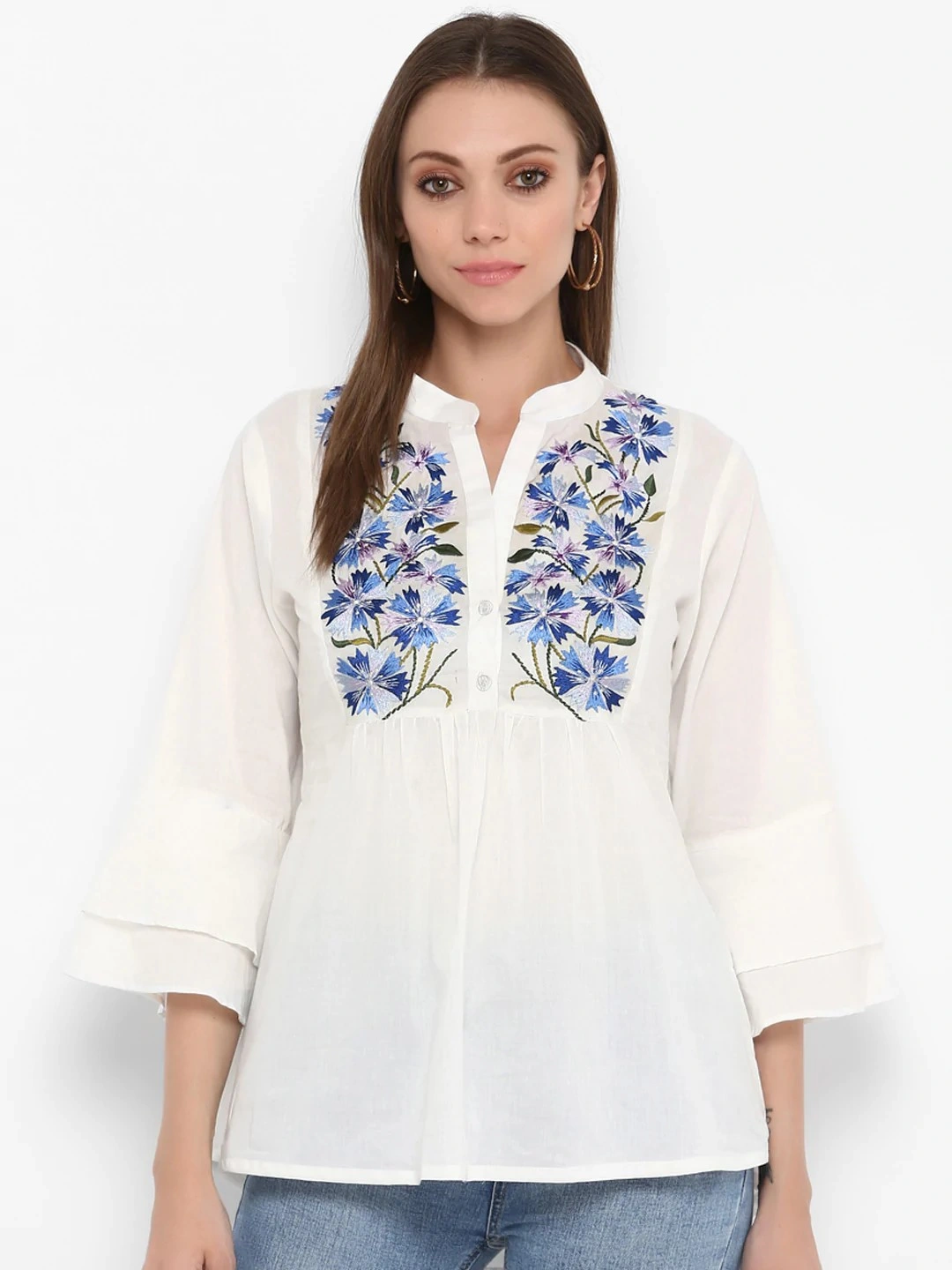 Bhama Couture Women White Printed Top-TOP048_L