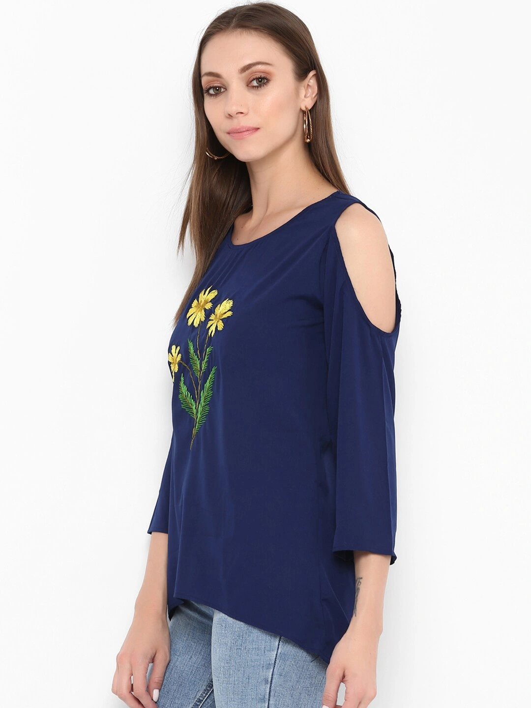 Bhama Couture Women Blue Embroidered Cold-Shoulder Top-L-1