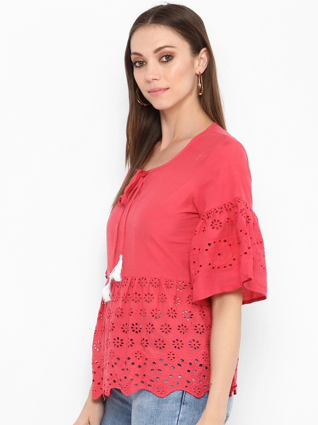 Bhama Couture Women Coral Solid Top-M-1