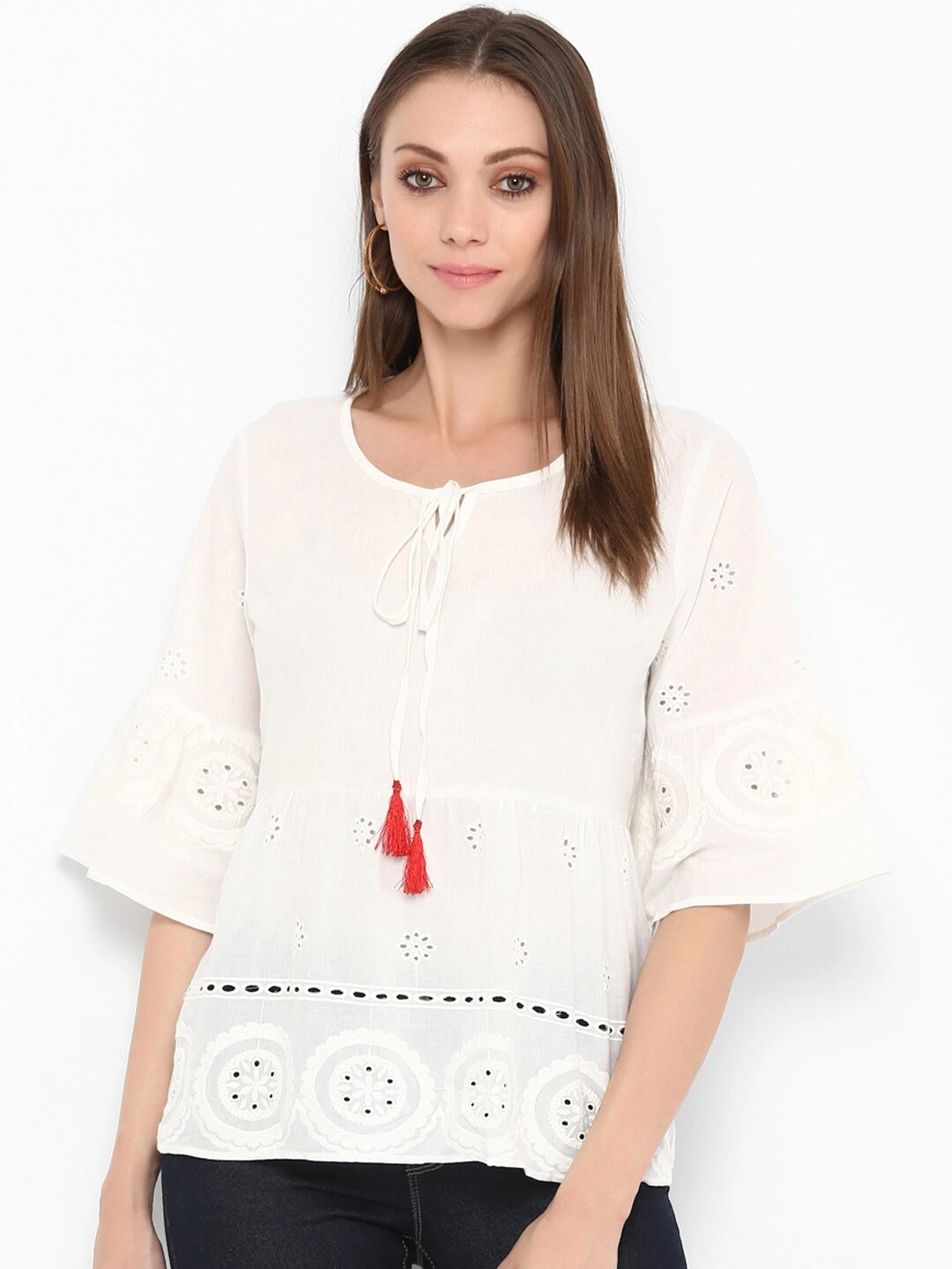 Bhama Couture Women Off-White Self Design Top-TOP052_L