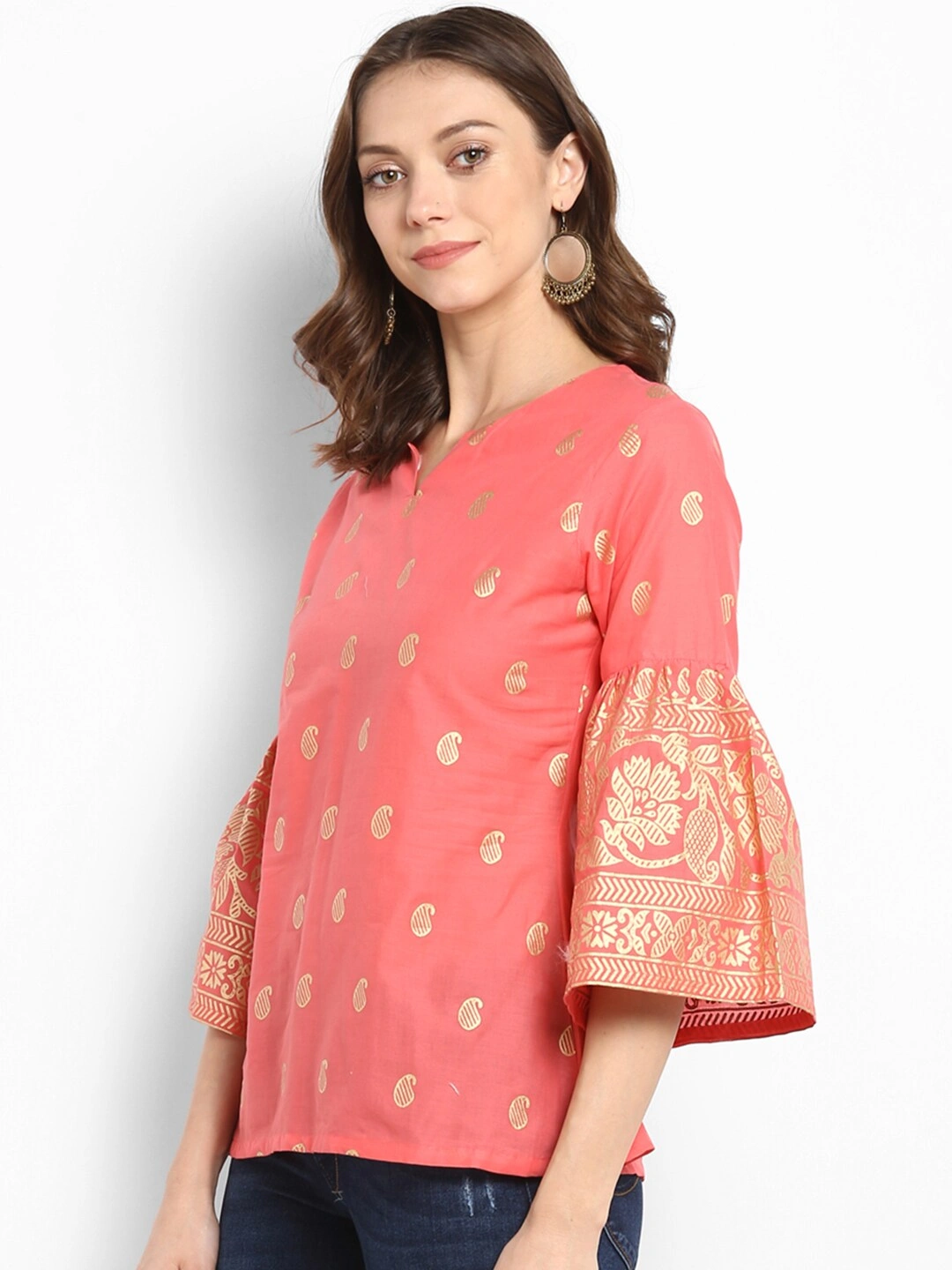 Bhama Couture Women Peach-Coloured Printed Top-M-1