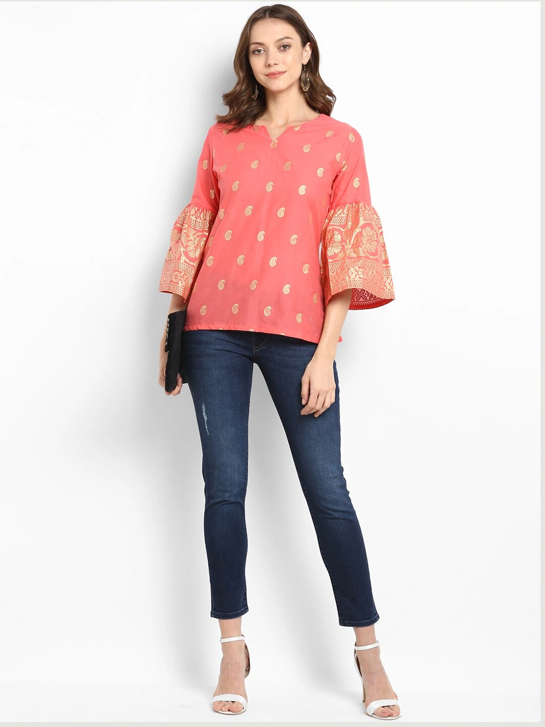 Bhama Couture Women Peach-Coloured Printed Top-M-4