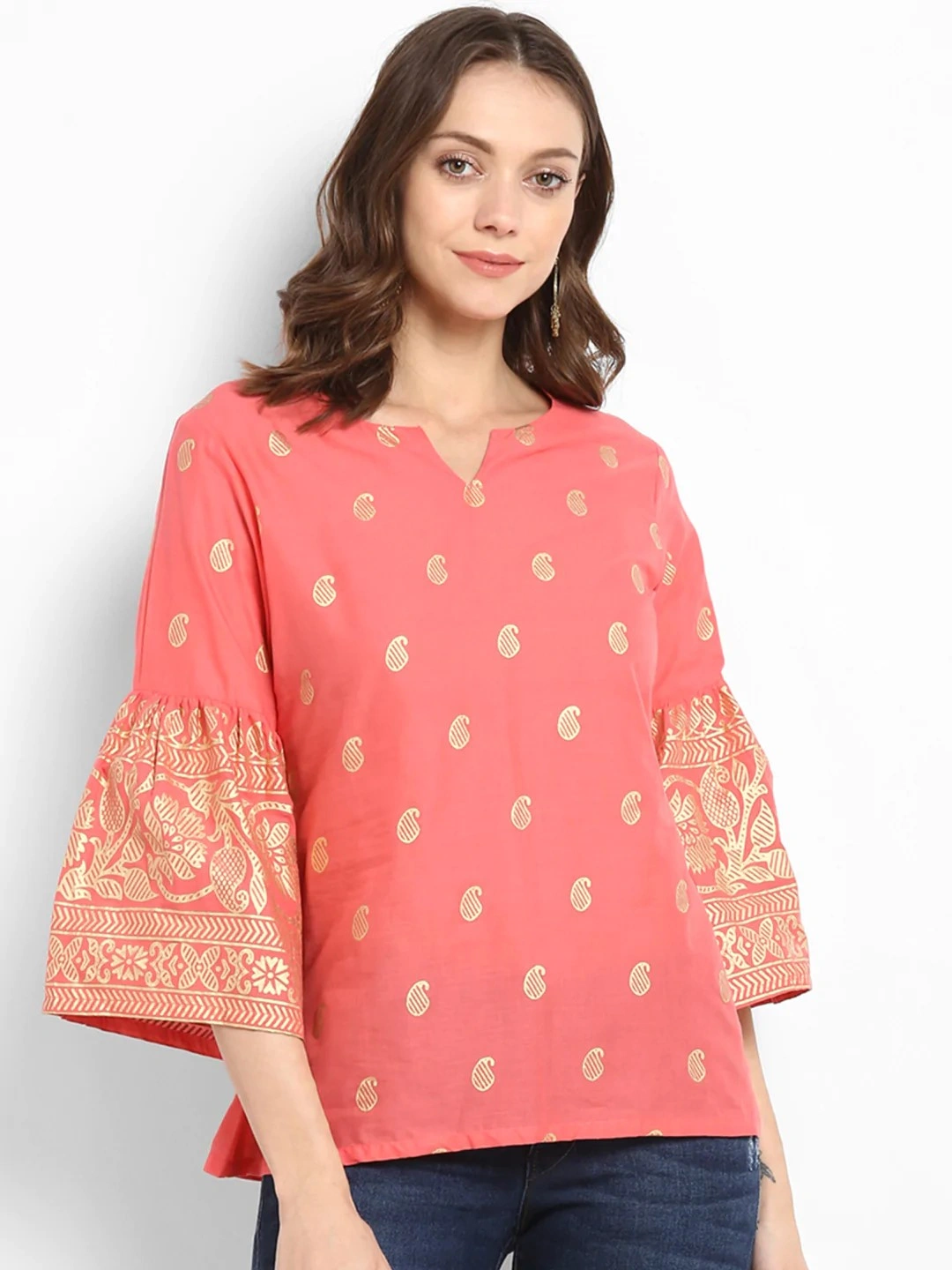 Bhama Couture Women Peach-Coloured Printed Top-TOP057_S