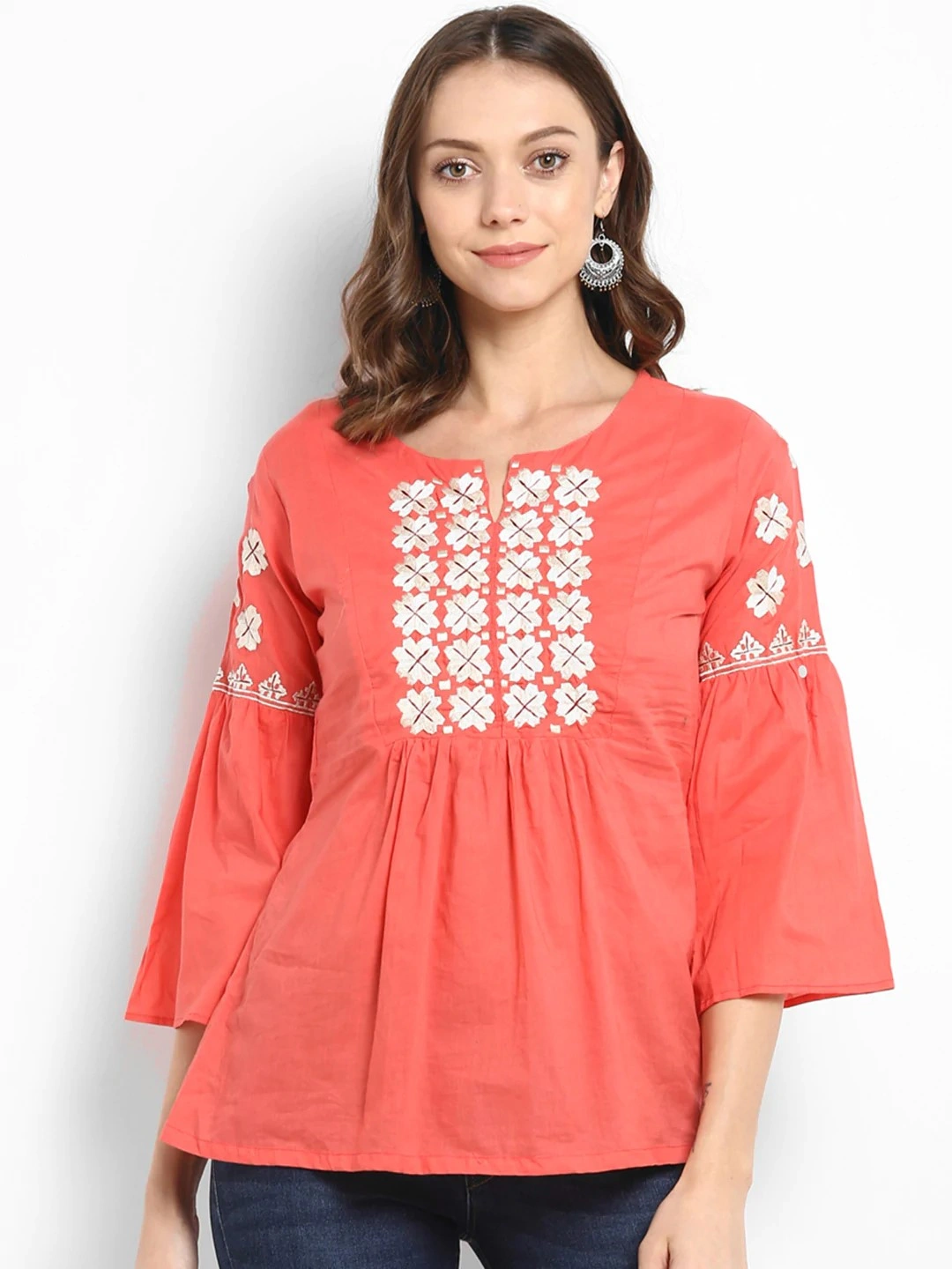 Bhama Couture Women Peach-Coloured Embellished A-Line Top-TOP059_L