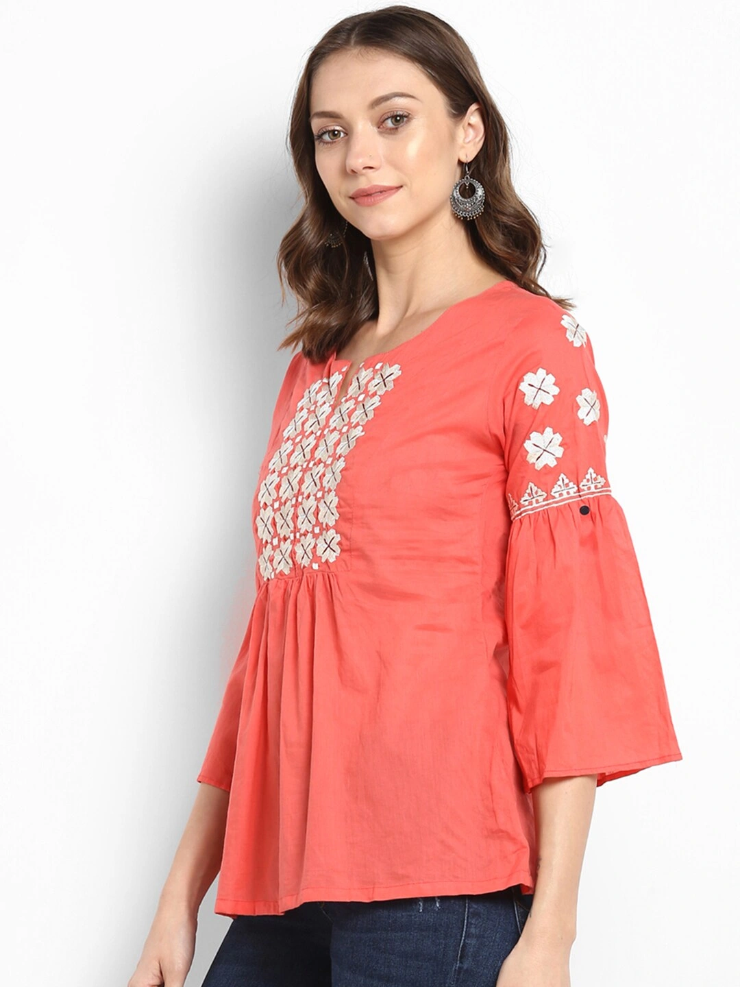 Bhama Couture Women Peach-Coloured Embellished A-Line Top-L-1