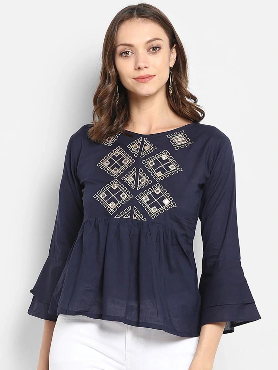 Bhama Couture Women Navy Blue Printed Empire Top-TOP062_L