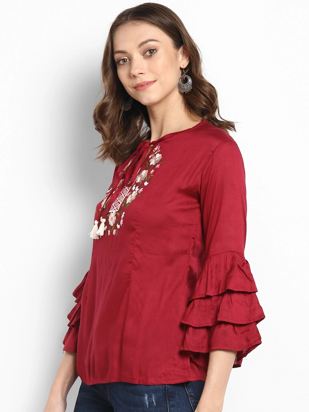 Bhama Couture Women Maroon Embellished A-Line Top-L-1