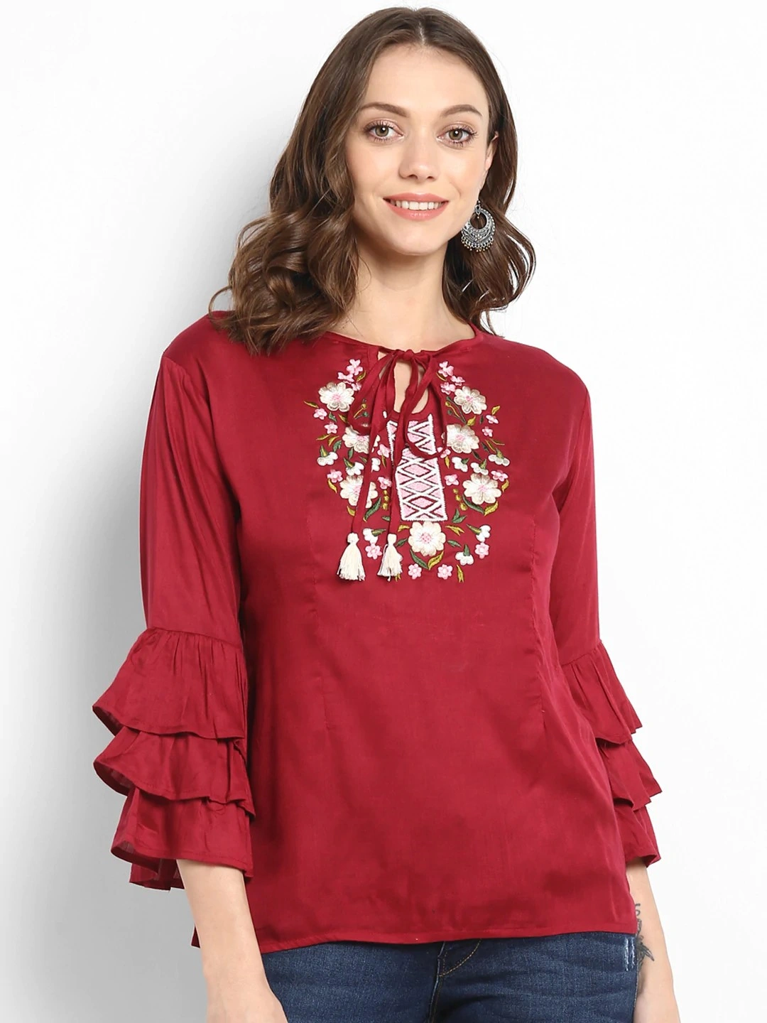 Bhama Couture Women Maroon Embellished A-Line Top-TOP076_M