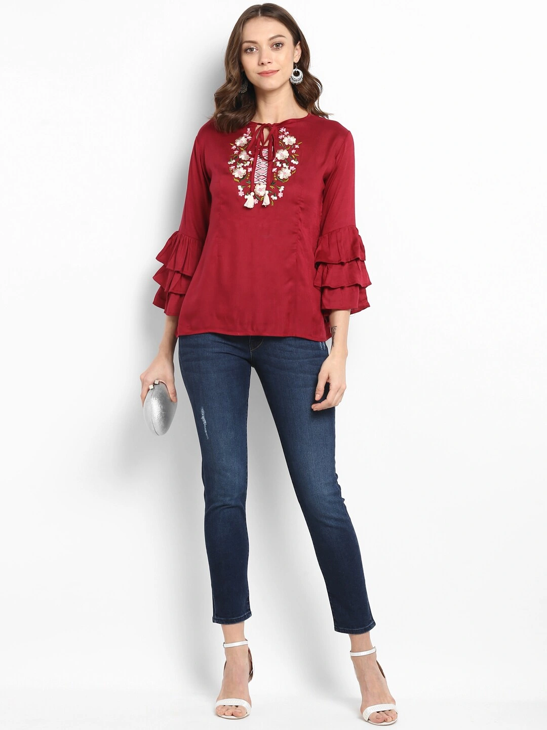 Bhama Couture Women Maroon Embellished A-Line Top-XL-4