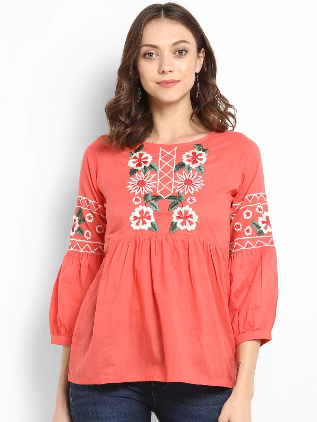 Bhama Couture Women Peach-Coloured Embellished Empire Top-TOP079_L